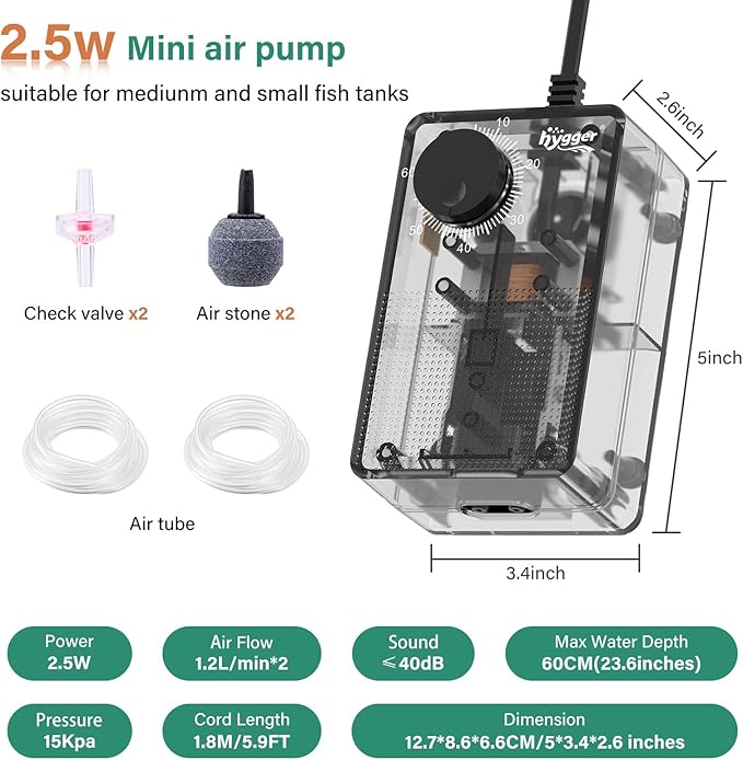 hygger See-Through Air Pump for Aquarium: Adjustable Oxygen Pump，Silent Powerful Aerator Pump 2.5W 2 Air Outlets Ultra Silent for Small Medium Fish Tank,Hydroponic Systerm, Household Commercial Use