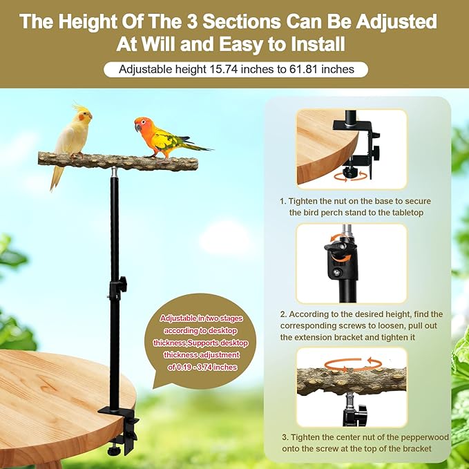 13-23 Inch Height Adjustable Desktop Bird Perch Pepper Wood Bird Training Perch Stand Parakeet Perches Indoor and Outdoor Parrot Stands for Small to Medium Bird