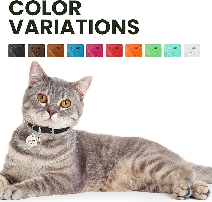 BRONZEDOG Leather Cat Collar with Removable Bells Non Breakaway Kitten QR Tag for Girl Boy (7" - 9" for Cats, Black & Silver)