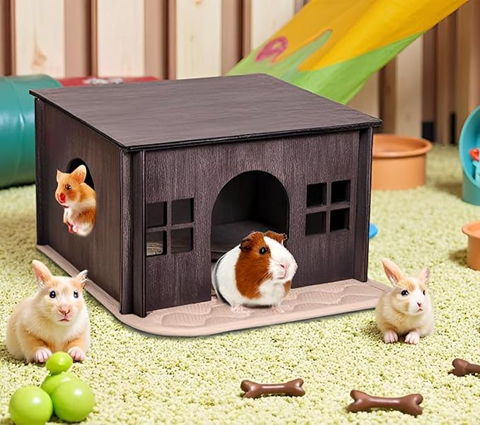 Wooden Guinea Pig House with Windows,Hamster Hideout, Large Size Suitable for Two Guinea Pig Hideout, Ventilated Wood Habitats Decor for Chinchilla, Hamster Mice Gerbils Mouse