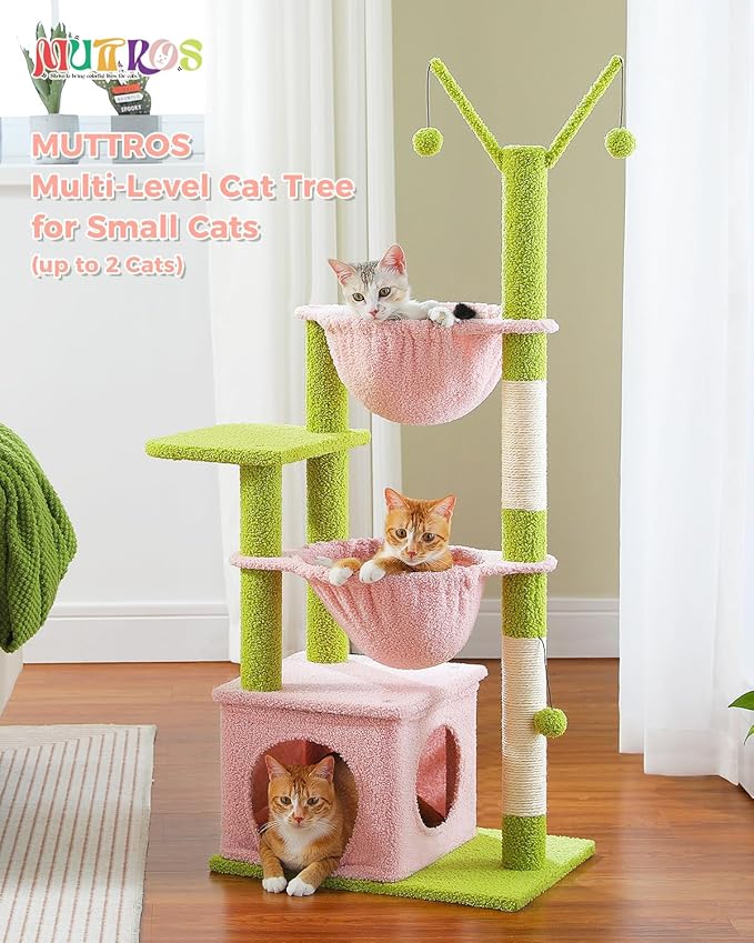 Pink Cat Tree, 47.6" Cat Tower with 2 Metal Frame Hammock, Cat Scratching Post for Indoor Cats with 2 Removable Pompom Sticks for Kittens, Pink