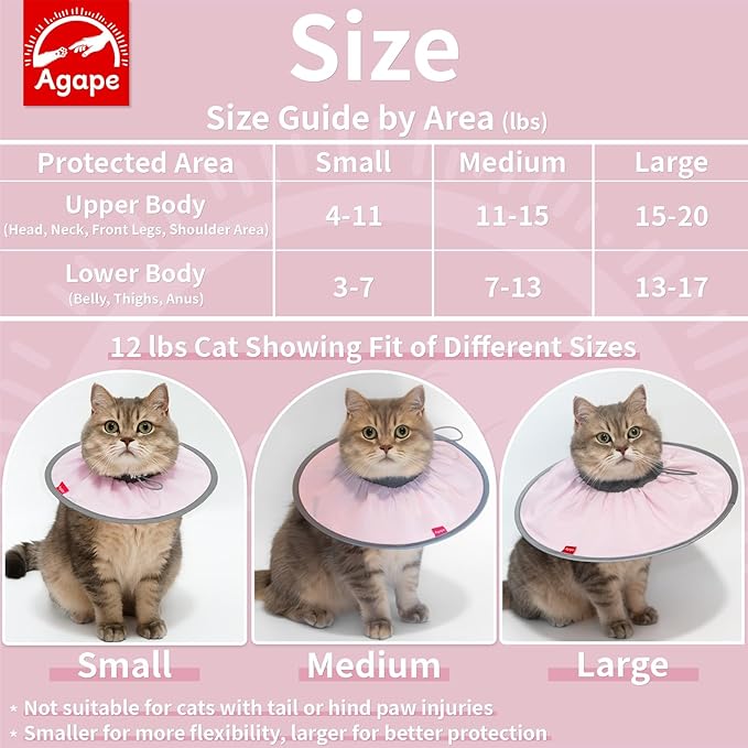 Agape Comfortable Cat Cone, Lightweight Recovery Cone Soft, Stop Licking & Scratching, E Collar for Small, Medium & Large Cats, Wound Care