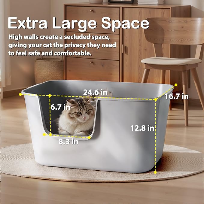 Extra Large Cat Litter Box with High Sides - Splash-Proof Design for Big Cats & Multi-Cat Homes, 24.6in x 16.7in x 12.8in (Gray)