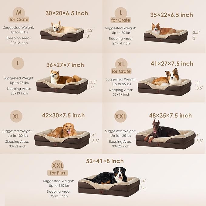 EHEYCIGA Memory Foam Dog Bed for Large Sized, Orthopedic Dog Sofa with Sides and Waterproof Liner, Washable Bolster Pet Couch with Removable Cover, 41x27x7.5 Inch, Brown