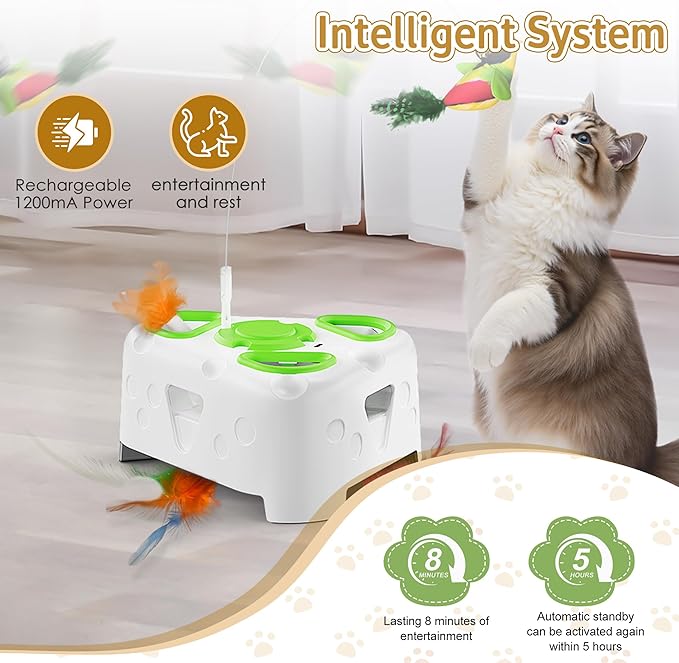 3-in-1 Interactive Cat Toys for Indoor Cats,Automatic Kitten Toy,Flying Bird,6 Holes Mole,Rotating Feather, Rechargeable USB Interactive Cat Feather Toys for Bored Indoor Cats