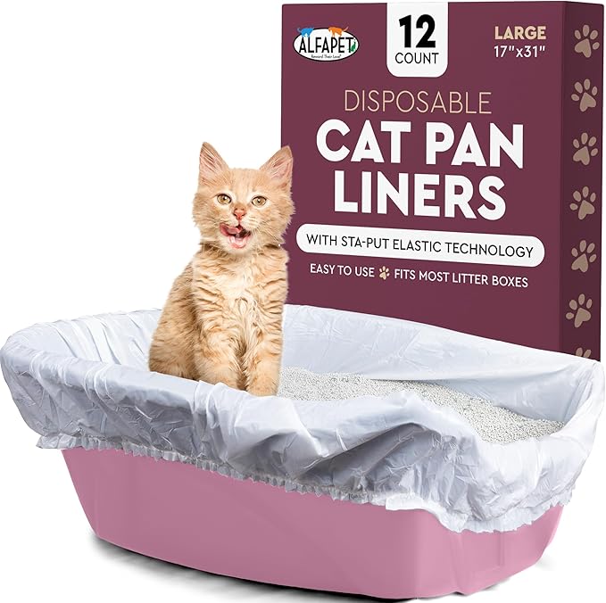 Alfapet Elastic Cat Litter Box Liners - Large 12 Count - Tear-Resistant Cat Litter Bags - Waterproof Kitty Litter Liners - Fits Litterbox Pan Sizes Medium and Large, 31" x 17", 20 lb Capacity