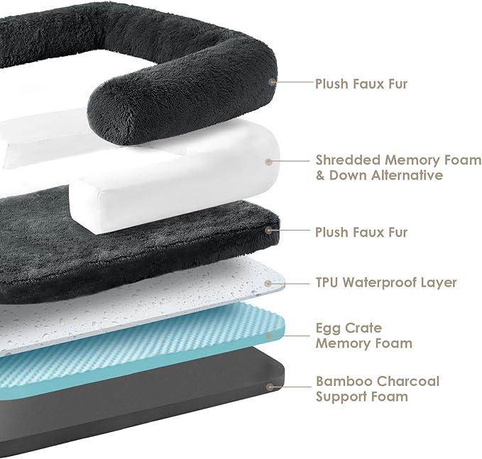 EHEYCIGA Foldable L Dog Bed, Faux Fur Fluffy Dog Couch Bed, Orthopedic Calming Memory Foam L Pet Bed for Large Dogs, Washable Soft Warm Pet Sofa Bed with Non-Slip Bottom, Dark Grey, 40"x30"x6"