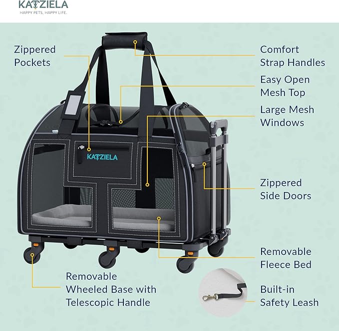 Airline Compliant Pet Carrier - Rolling Portable Travel Carry Crate for Small Dog, Puppy or Cat - Soft Removable Wheeled Design with Mesh Window Sides - Airplane and TSA Compliant- by Katziela
