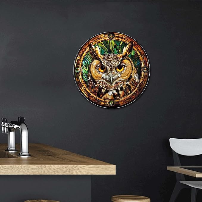 Lygond Metal Sign Tin Sign Circular Stained Glass Owl Home Deccor Store Home Decor for Patio 12×12 Inches