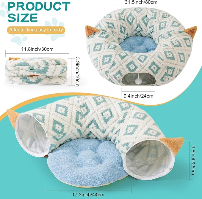 Cat Tunnel Bed with Soft Cushion, Cat Donut Tunnels for Indoor Cats, Peekaboo Cat Cave Toy, Multifunctional Playground Toys for Kittens, Rabbit, Blue Jacquard Pattern