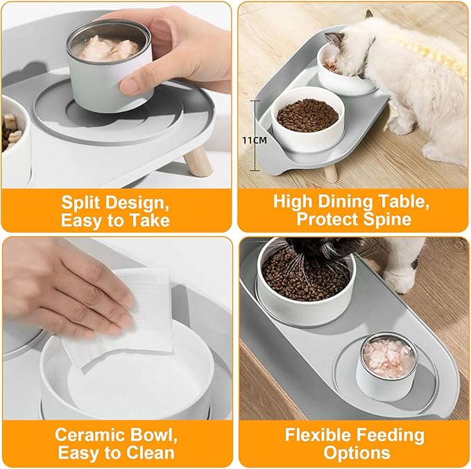Elevated Dog Bowls Set, Ceramic Pet Food & Water Bowls with Non-Slip Stand, No Spill Design for Cats/Small Medium Dogs Gray