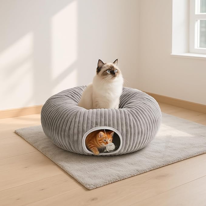 Cat Tunnel Bed for Indoor Cats, Peekaboo Cat Cave Bed,Soft Cat Donut Tunnel for Kitten Large Cats, Grey