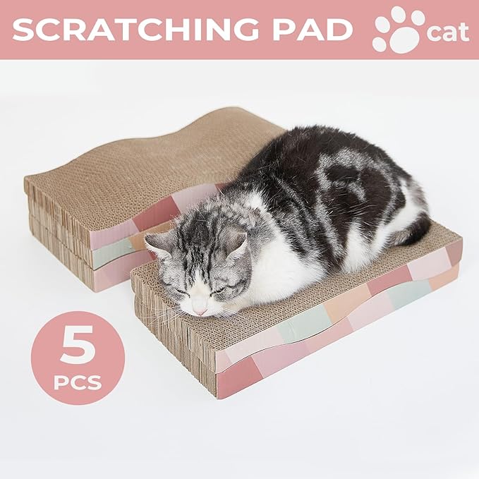 Cat Scratching Pads Cardboard Cat Scratchers for Indoor Cats Reversible Large Wide Corrugated with Catnip and Mini Toy(5pcs)