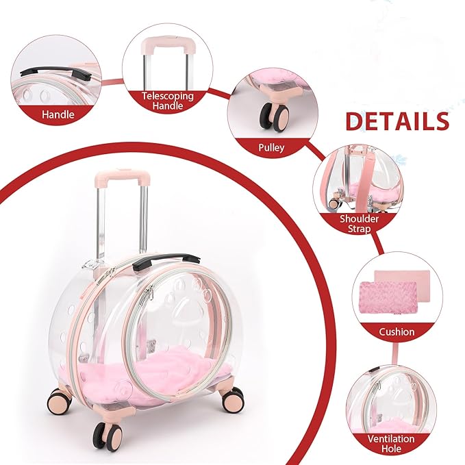 Transparent & Fully Breathable Hard cat Carrier with Rolling Wheels for Dogs, Cats, Multiple Carrying Options, Perfect for Traveling/Taking a Walk