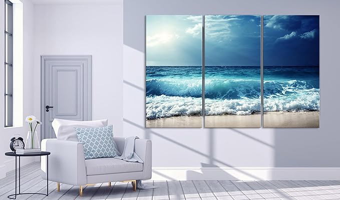 Nature Wall Art Prints - Ocean Forest Mountain Lake Canvas Landscapes - Small to Extra Large Living Room Bedroom Kitchen Bathroom Décor (Summer Ocean Beach, 31L" x 47W" - 3 Panels)