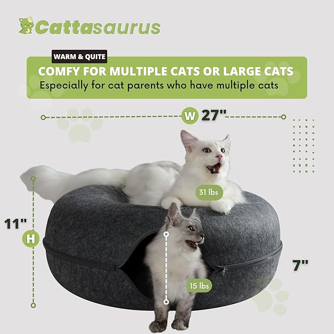 Cattasaurus Peekaboo Cat Cave, Extra Spacious for Multiple & Large Cats 12+ lbs, Scratch Detachable Beds for Indoor Cats, Washable Tunnel Bed, Comfy Cat Donut Tunnel (Light Gray+Dark Gray, Jumbo)