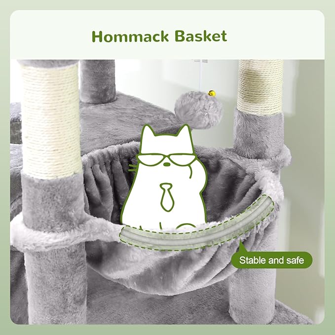 Globlazer Heavy Duty Cat Trees for Large Cats, Sturdy 72in Maine Coon Cat Tree for Large Cats 20 lbs+ Heavy Duty Cat Tower for Adult Biggest Cat with 6 Scratching Posts, Hammock, S72, Light Grey