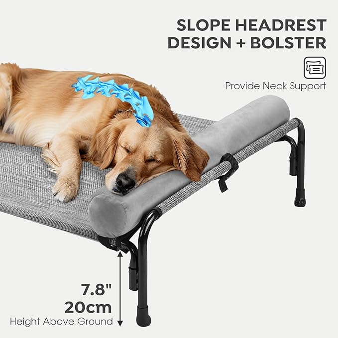 Veehoo Medium Elevated Dog Bed, Outdoor Raised Dog Cot Hammock Bed with One-Sided Removable Headrest Bolster, Cooling Breathable Washable Teslin Mesh, Off Ground, Anti-Slip, M, CWC2204BCP