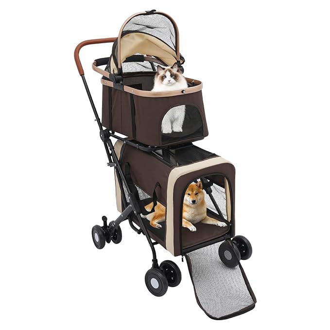 2-Layers Pet Stroller for 2 Cats/Dogs,Foldable Lightweight 77lbs Capacity Carrier, 4 Wheels, Removable Basket & Storage Pocket,for Small Pets (Coffee)