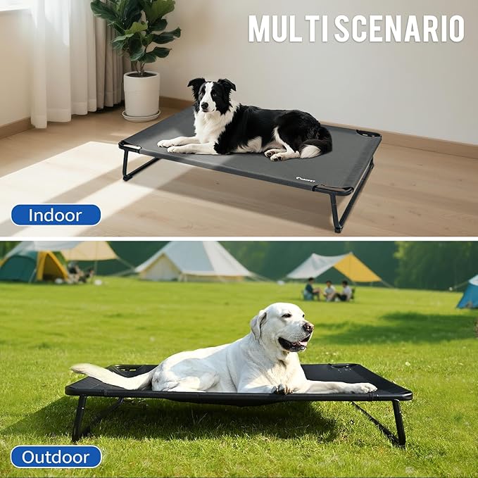 Cooling Elevated Dog Bed, Raised Outdoor Dog Bed Waterproof Pet Beds Cots Stable and Easy Assembly, Teslin Fabric with 1.2mm Thick Iron Frame, Breathable, Ultra-Sturdy，Grey,32 * 25.2 * 7.1