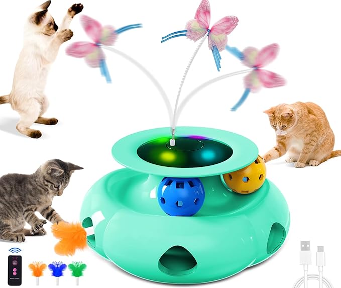 Cat Toys Interactive Rechargeable 3in1 Whack a Mole Cat Toy, Fluttering Butterfly, Track Balls, Touch Activated Automatic Kitten Toys for Indoor Cats