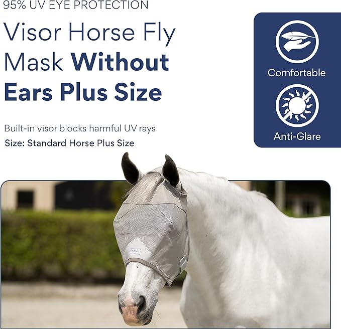 Plus-Size Horse Mask Without Ears | 95% UV Eye Protection | Built-in Visor | Breathable, Lightweight Mask | Adjustable Fit for Comfort Horse (Large Size)