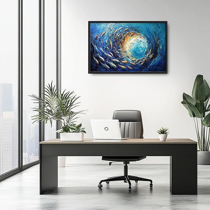 Extra Large Framed Abstract Ocean Fish Wall Art,Oversized Blue Sea Nautical Fish Wall Decor Pictures for Living Room,Canvas Print Painting Modern Artwork Bedroom Office Bathroom Home Decor 36L x24W