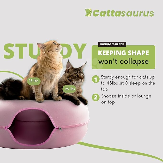 Cattasaurus Peekaboo Cat Cave for Multiple & Large Cats Up to 30-45 Lbs, Scratch Detachable & Washable Tunnel Bed, Comfy Donut Cat Cave (Pink, Jumbo)