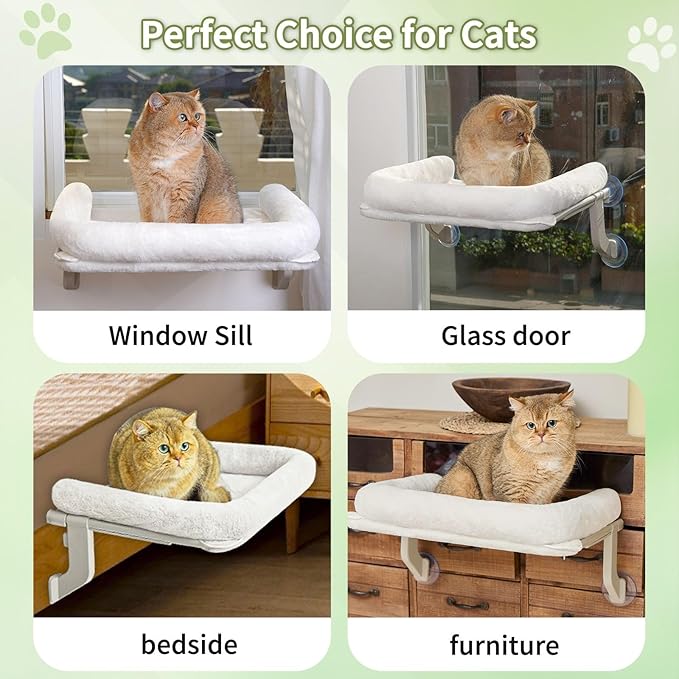 Cat Window Perch, Adjustable Cat Hammock for Large Cats, Mounts on Window Sills, Bedside, or Glass, Easy Installation and Removal, Washable Cushion Cover (20.5" W×15.7" L)