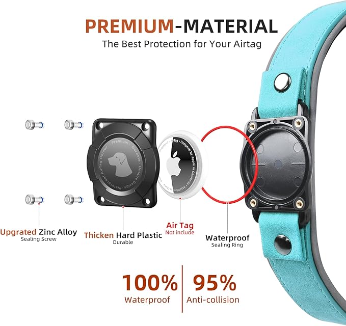 AirTag Dog Collar - Leather Dog Collar with Air Tag Holder | IPX8 Waterproof, Reflective, High - End, Adjustable Soft Padded | Dog GPS Tracker Collars Fit for Medium Large Dogs (Light Blue, M)