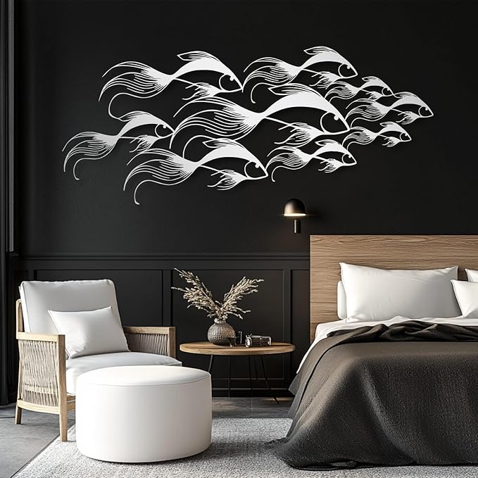 School of Fish Metal Wall Art, Metal Fish Wall Decor, Sea Life Wall Art, Large Nautical Wall Hanging, Modern Beach House Wall Decor, Ocean Themed Artwork for Bathroom (Black, 48"x20" | 121x51cm)