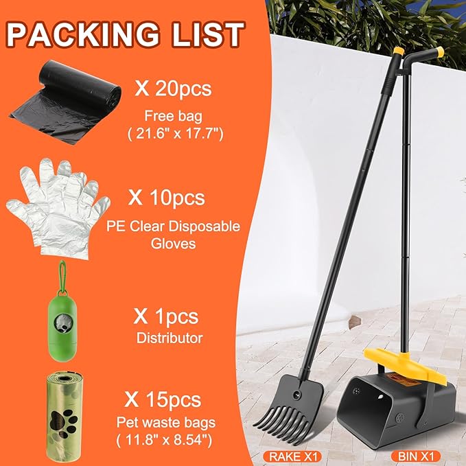 LANNEY Pooper Scooper - 46" Long Adjustable Handle Dog Pooper Scooper, Swivel Bin, Rake and 35 Waste Bag, Heavy Duty Poop Scooper for Large Medium Small Yard Dog Pet