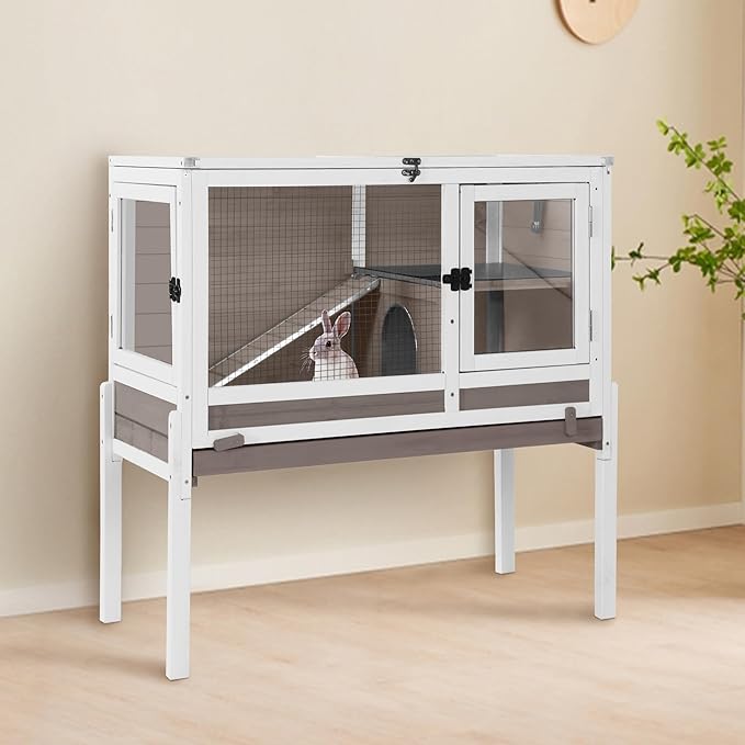 GUTINNEEN Guinea Pig Cage Rabbit Cage Indoor with Chew-Proof Edges, Clean Deep Tray, Leakproof PVC Layer, Small Animals Cage with Adjustable Legs - Brown