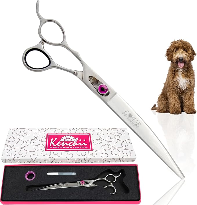 Kenchii Love Dog Grooming Scissors, 8 Inch Curved Shears, Dog Scissors for Grooming, Professional Pet Grooming Scissors