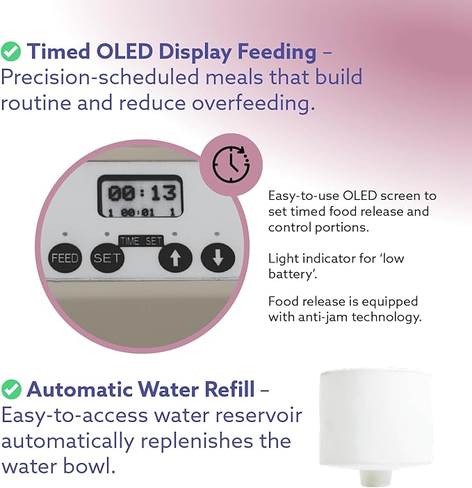 Automatic Dog & Cat Food Feeder with Water Dispenser – Smart Pet Feeder with Portion Control, OLED Display, Anti Jam Design, Battery Operated Dispenser for Medium/Large Pets - Taupe