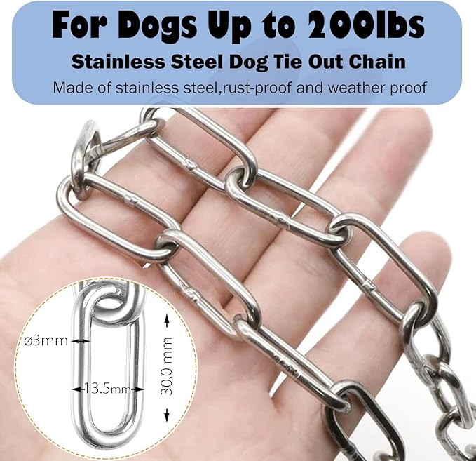 25ft Heavy Duty Chew Proof Dog Tie Out Chain Leash with Shock Absorbing Spring&Lockable Hooks-Up to 200Lbs,Use for Yard,Garden,Camping or Travel