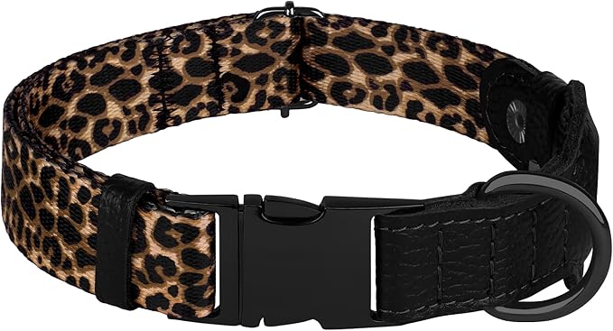 AirTag Dog Collar for Small Medium Large Breed - Adjustable Cute Pattern Dog Collar with Airtag Holder - Soft Leather Tracker GPS Apple Air Tag Pet Collars (Medium, 14"-18" Neck Fit, Leopard)