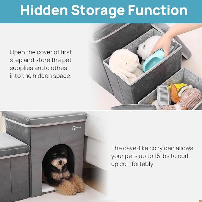 Foldable Pet Stairs for Beds & Sofas - Non-Slip Dog Steps with Storage for Small to Medium Dogs & Cats, Supports up to 120 lbs - Durable 2 & 3-Step Doggie Ladder for Easy Access