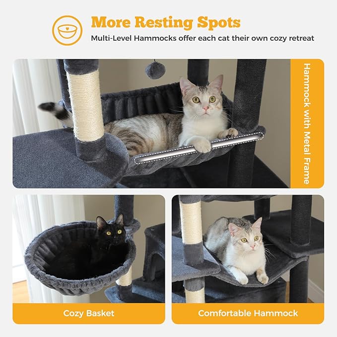 81" Heavy Duty Cat Tree for Large Cats up to 20lbs - Extra Tall Cat Tower with Metal Frame Hammock, 6 Sisal Scratching Posts, 2 Perches - Indoor Cat Furniture for Maine Coon, Dark Gray