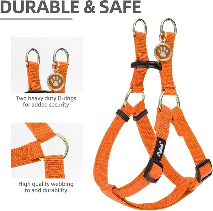 PUPTECK No Pull Dog Harness Soft Adjustable Basic Nylon Step in Puppy Vest Outdoor Walking with ID Tag and A-ir Tag Case, Orange, M