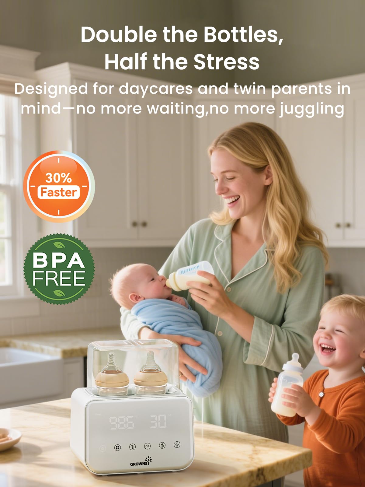 Baby Bottle Warmer, Grownsy 8-in-1 Fast Milk Warmer with Timer Breastmilk or Formula, Fits 2 Bottles, Accurate Temperature Control, with Defrost, Sterili-zing, Keep, Heat Baby Food Jars Function