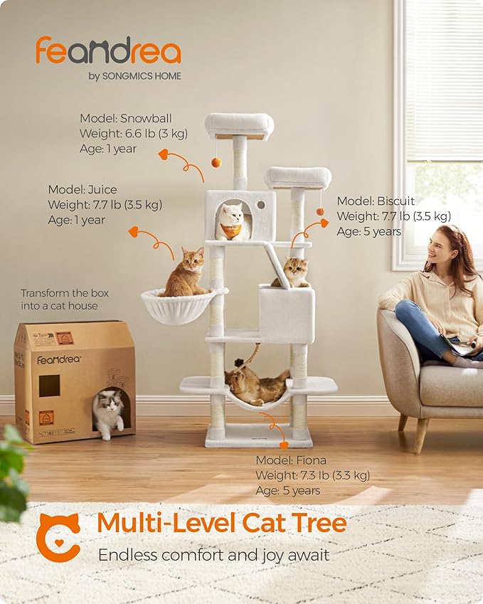 Feandrea Cat Tree, 66.1-Inch Large Cat Tower with 13 Scratching Posts, 2 Perches, 2 Caves, Basket, Hammock, Pompoms, Multi-Level Plush Cat Condo for Indoor Cats, Cream White UPCT165T01