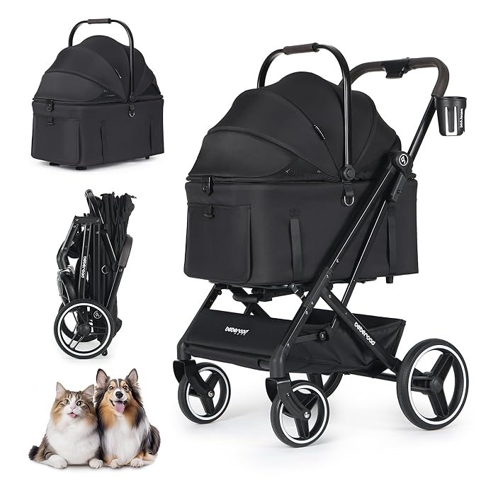 X3 2 in 1 Pet Stroller for Medium or Two Small Dogs & Cats 4 Wheels Lightweight Foldable Carrier Dog Stroller with Waterproof Weather Cover Cup Holder,Storage Basket(Black)