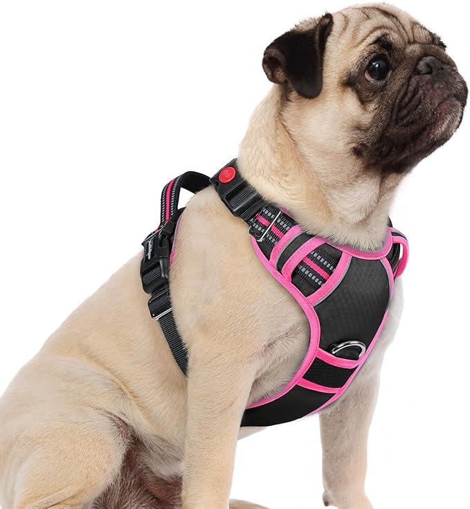 rabbitgoo Dog Harness Small Sized, No Pull Dog Vest with 3 Buckles, Adjustable Soft Padded Pet Harness with Easy Control Handle and Reflective Strips, Black & Rose Pink, S