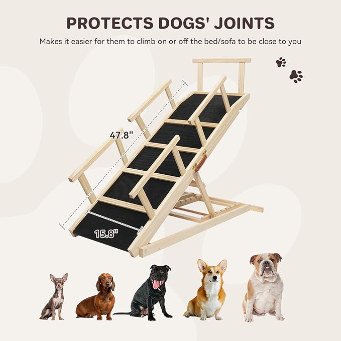 Dog Ramp for Bed PANTAZO Adjustable Ramps for Small Dogs to Get on Bed, Up to 28.5 Inches, 48'' Long,120lbs with Anti-Slip Grip & Safety Rail