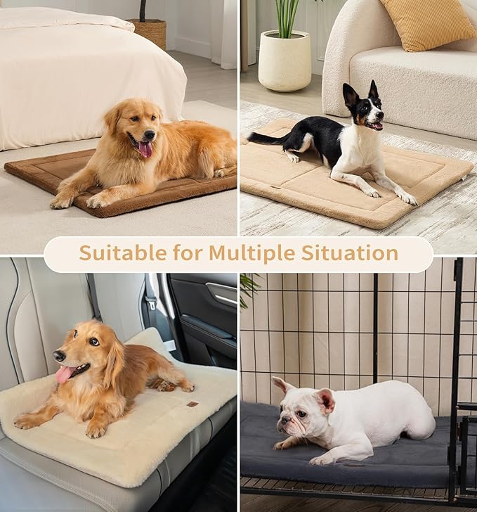 Made4Pets Dog Crate Pad Bed for Large Dogs, Washable & Reversible, Anti-Slip Kennel Mat for Cozy Sleeping, Soft Fluffy Dog Bed for Indoor & Outdoor Use, 44"x32", Khaki
