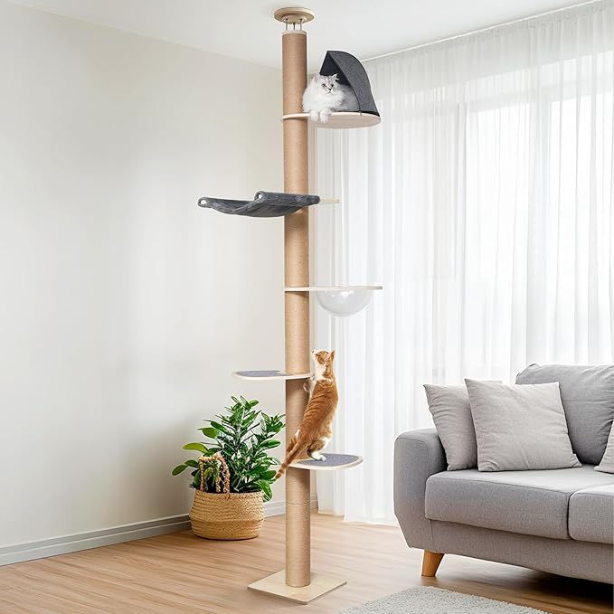FUKUMARU Floor to Ceiling Cat Tree, 6 Level Adjustable Height (5.7-9.8 ft) Climbing Tower with Thickened Scratching Posts, Cats Activity Center with Transparent Capsule and Cozy Hammock