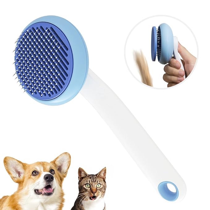 Self-Cleaning Slicker Brush for Pet Grooming: Removes Tangles, Loose Undercoat & Mats from Cats & Dogs (Blue)