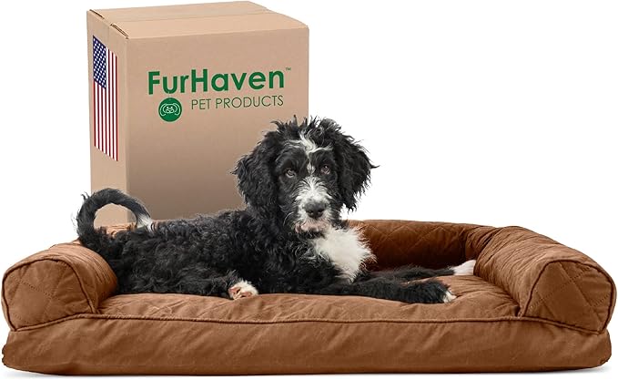 Furhaven Pillow Dog Bed for Large/Medium Dogs w/ Removable Bolsters & Washable Cover - Quilted Sofa - Toasted Brown, Large