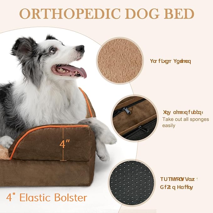 Comfort Expression Large Dog Beds Waterproof Orthopedic Foam Dog Sofa Beds Comfy Pet Bed with Washable Removable Cover & Non-Slip Bottom(Large,Brown)